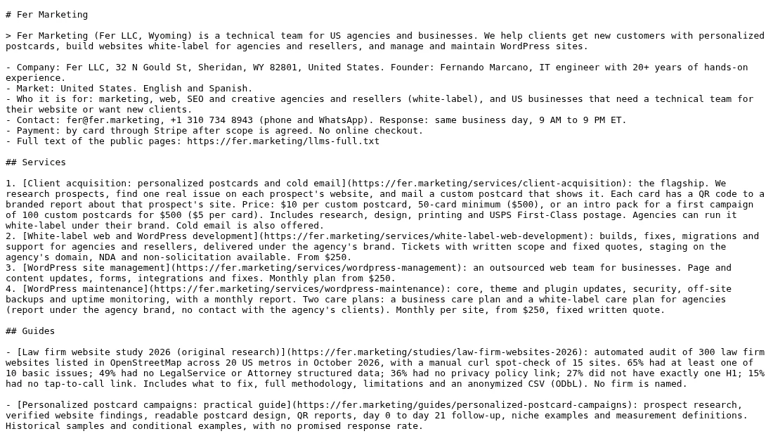 Fer Marketing's live llms.txt file displayed as readable text in a browser