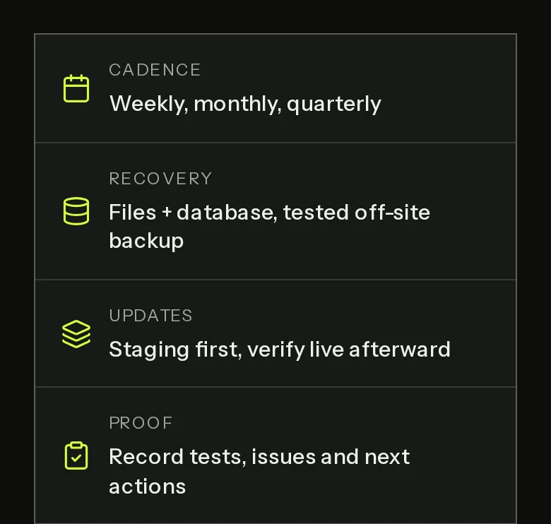 Maintenance guide summary cards stacked on Fer Marketing at a 390-pixel viewport