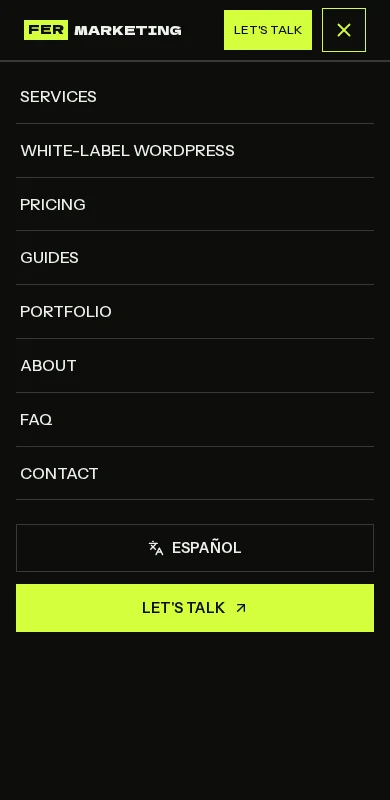 Fer Marketing English navigation open on a 390-pixel-wide mobile screen
