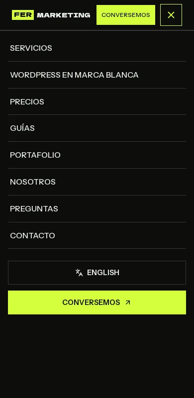 Menú de Fer Marketing en español abierto en una pantalla móvil de 390 píxeles de ancho