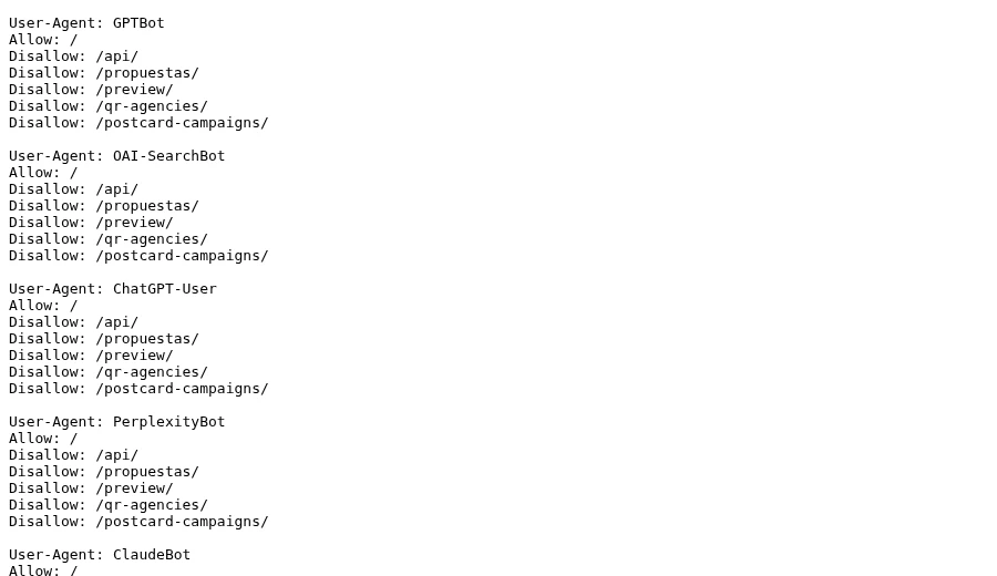 Archivo robots.txt público de Fer Marketing con reglas para rastreadores de IA