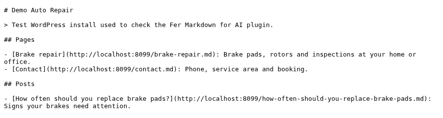 llms.txt generated by the Fer Markdown for AI plugin on a test WordPress site