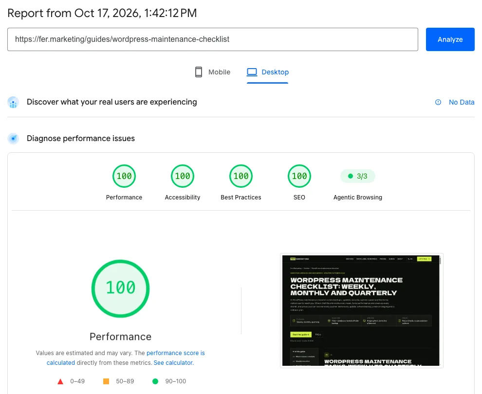Reporte de PageSpeed en escritorio de la guía de mantenimiento con las cuatro puntuaciones en 100