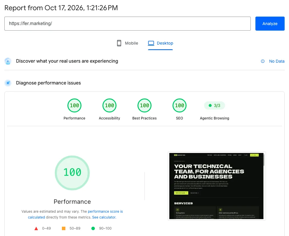 Reporte de PageSpeed Insights en escritorio de la portada de fer.marketing con las cuatro puntuaciones en 100