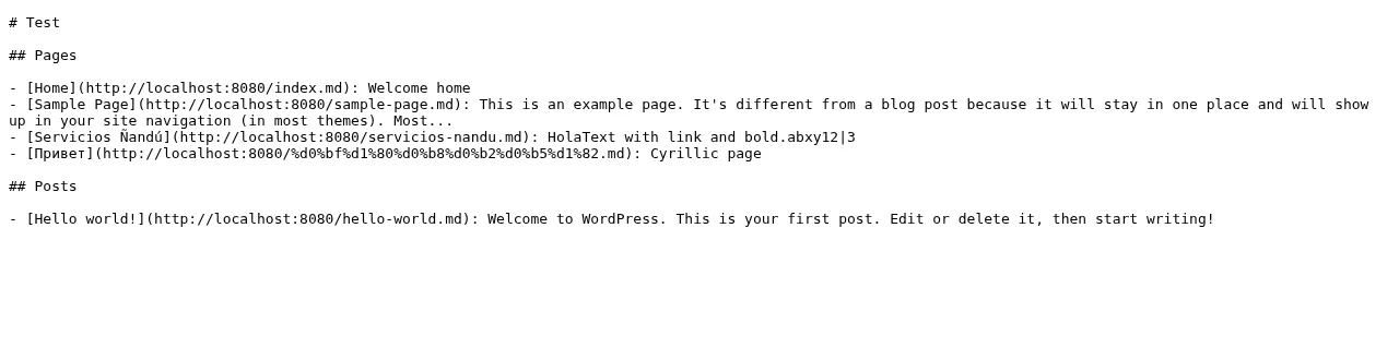 El archivo /llms.txt generado por Fer Markdown for AI en un WordPress de prueba local