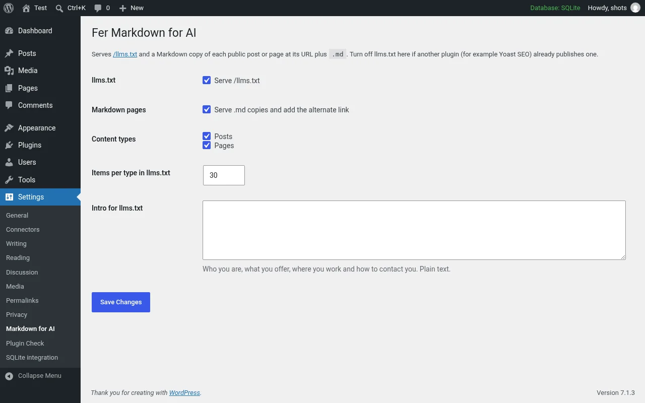 Pantalla Ajustes > Markdown for AI con opciones de llms.txt, páginas Markdown, tipos de contenido, elementos por tipo e introducción