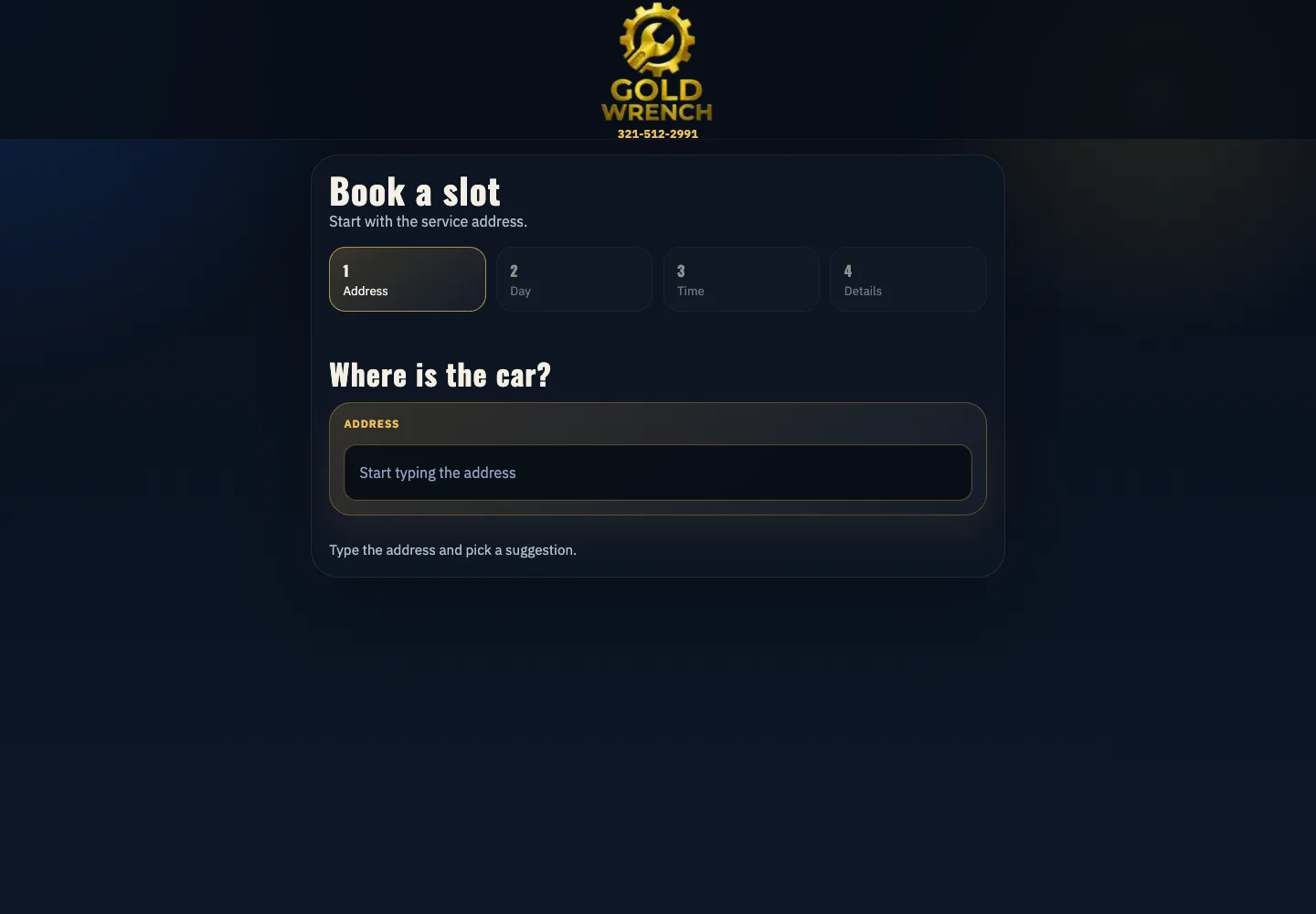 Gold Wrench bilingual booking journey on a desktop screen