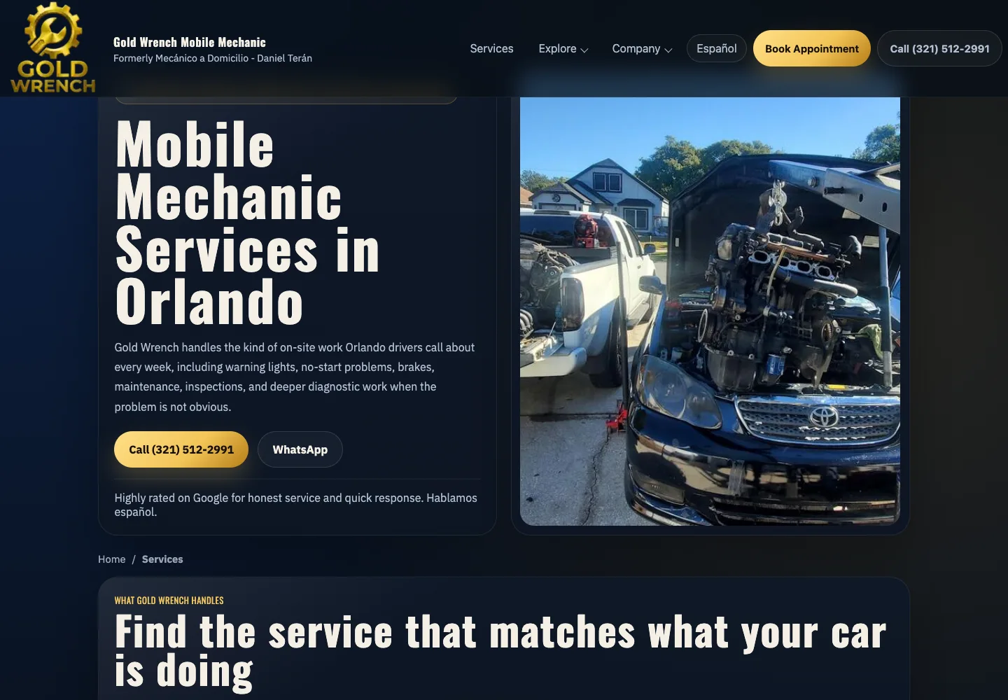 Catálogo de servicios de mecánica a domicilio en el sitio de Gold Wrench
