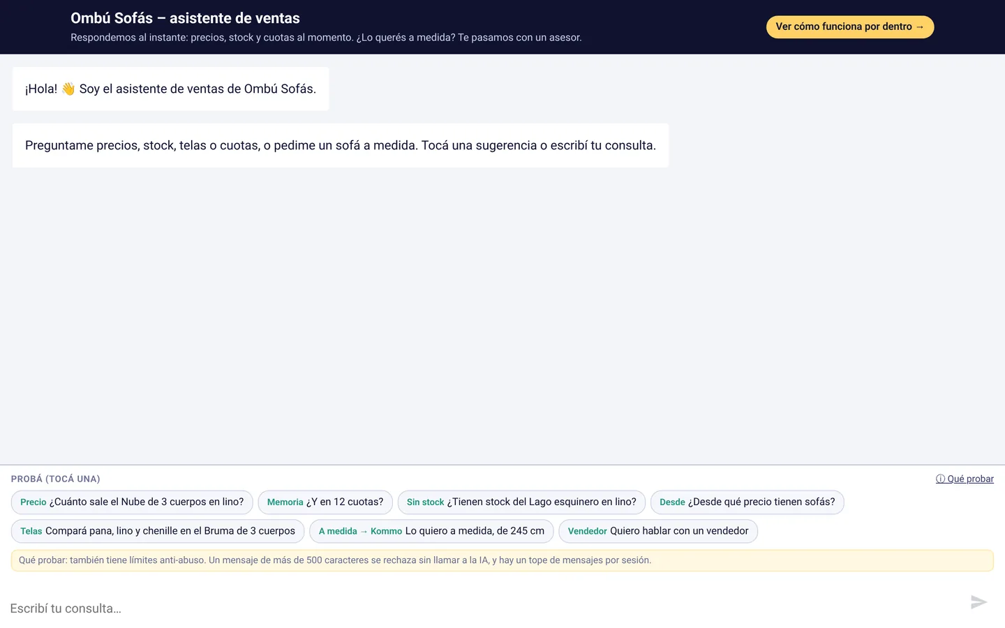 Ombú Sofás · Sugerencias para probar · Datos de ejemplo