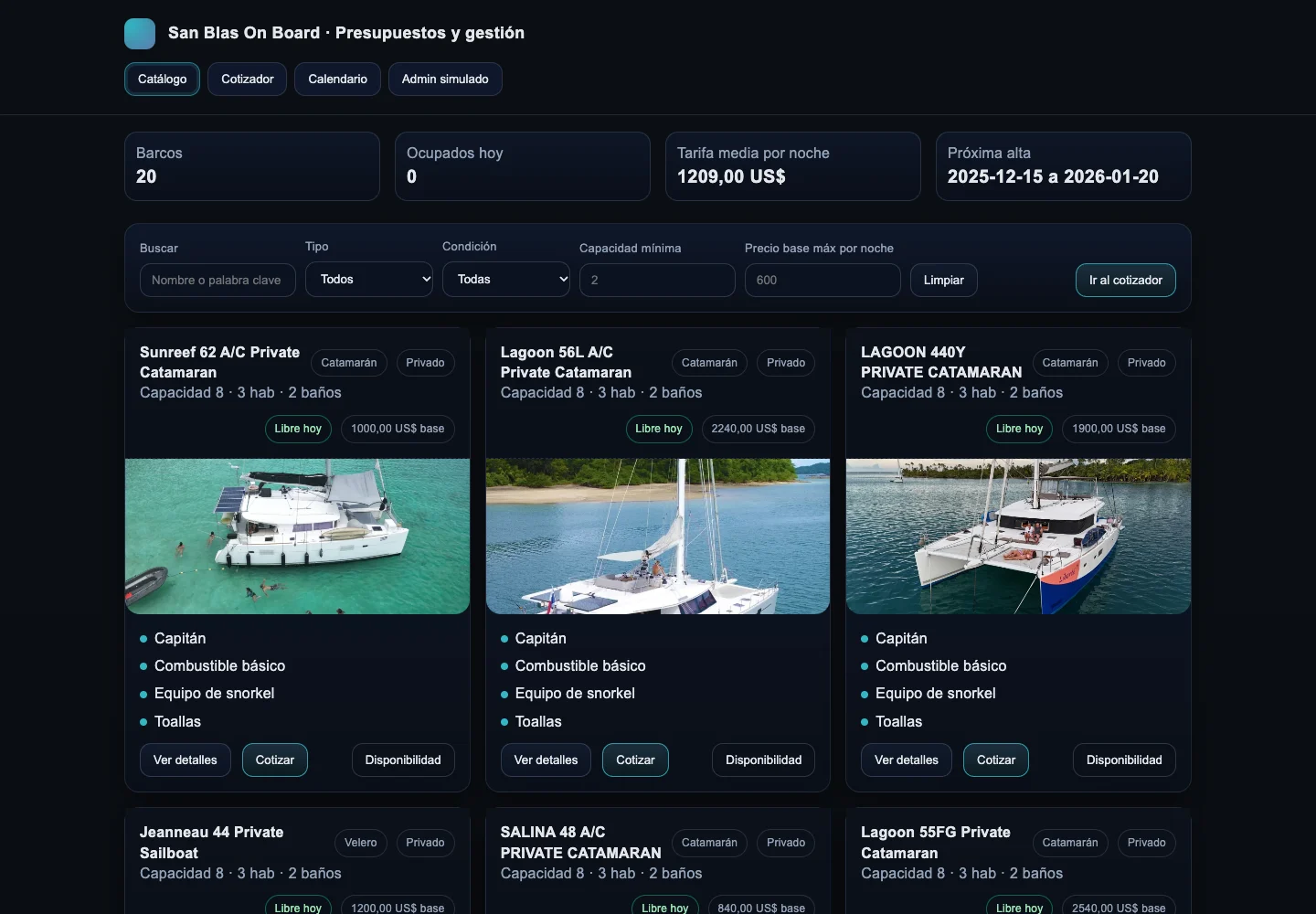 San Blas On Board boat catalog with rates and availability, sample data