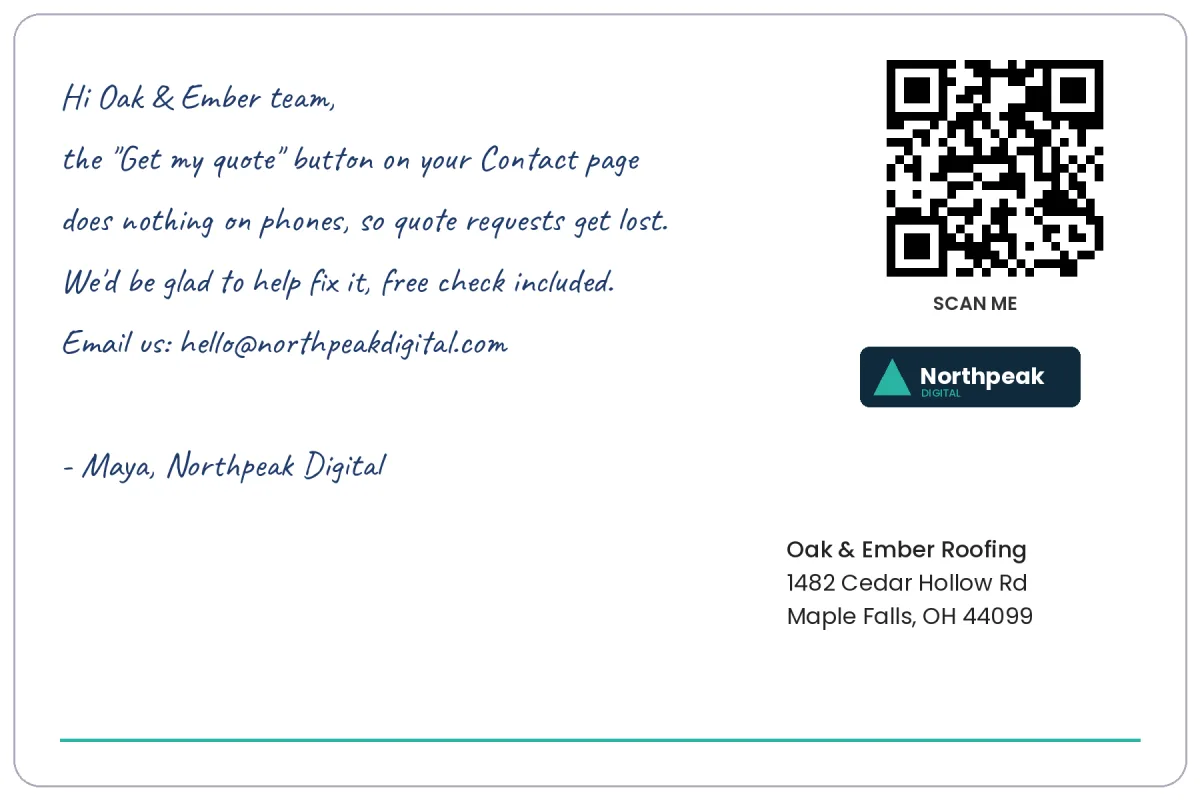 Postcard back with a short handwritten-style note from the fictional agency, a QR code and the mailing address