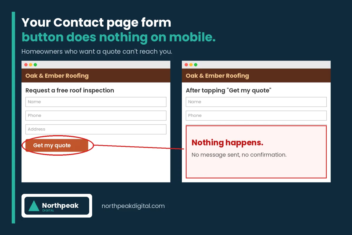 Postcard front for a fictional roofing company, showing that its quote form button does nothing on mobile