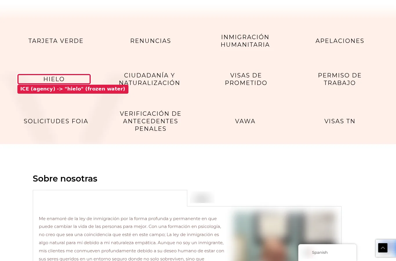 An immigration menu where ICE, the agency, reads “hielo” (frozen water).