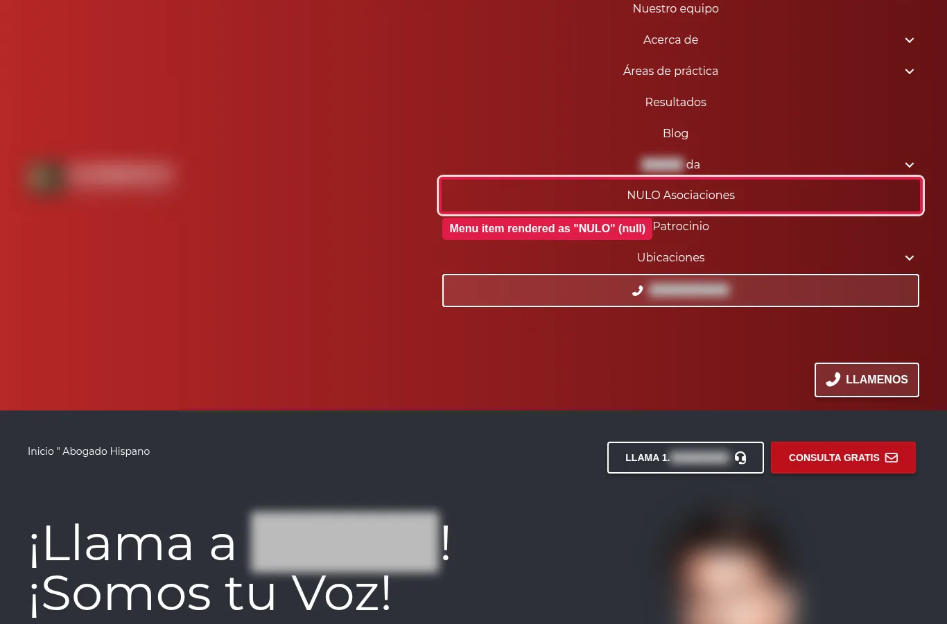 A menu item rendered as “NULO” (null).