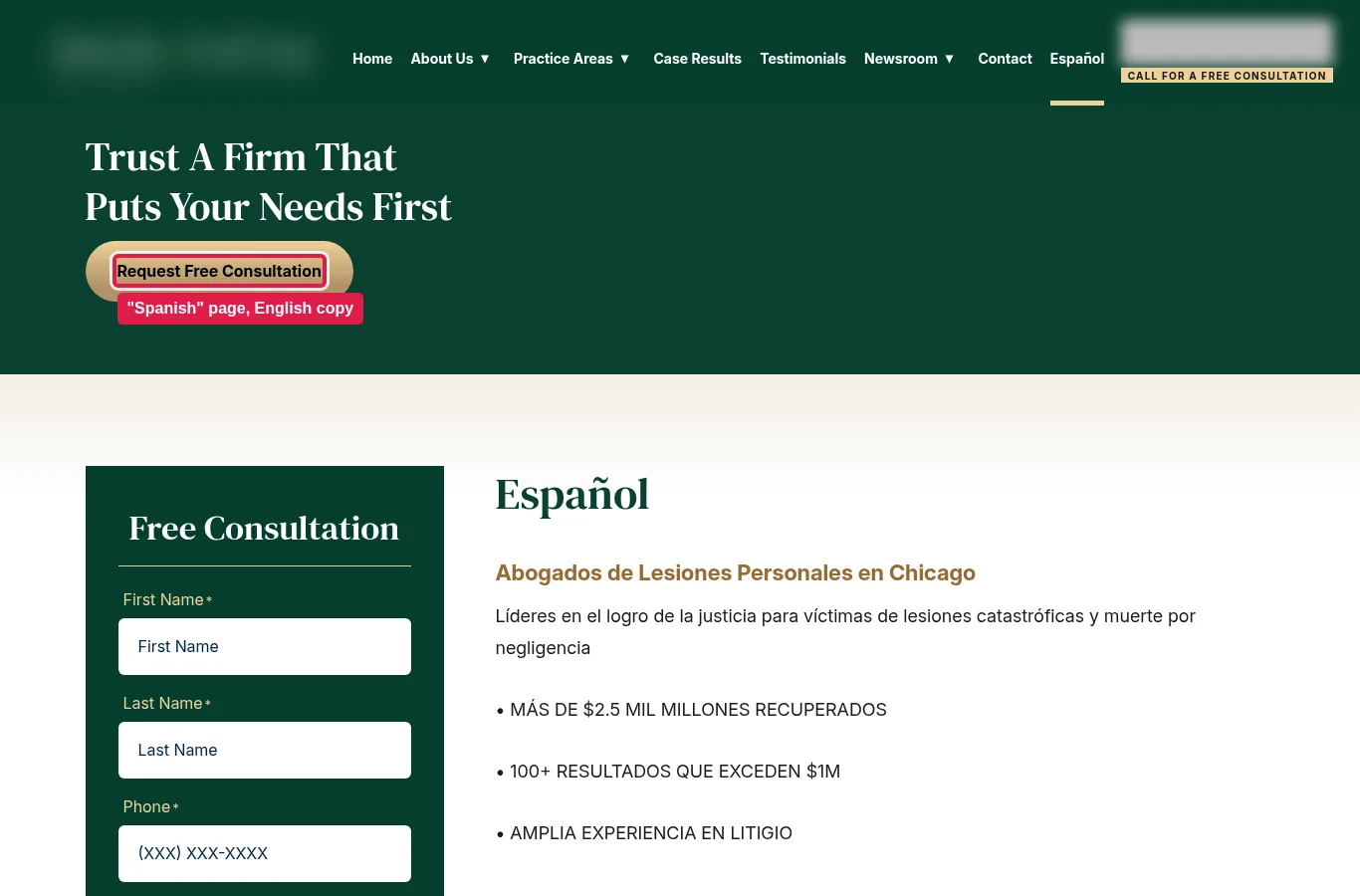 The “Spanish” page keeps its English call to action.