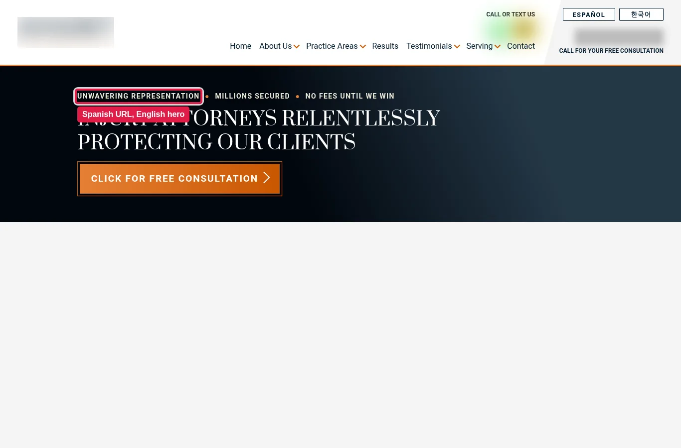 A Spanish URL whose hero headline is still in English.