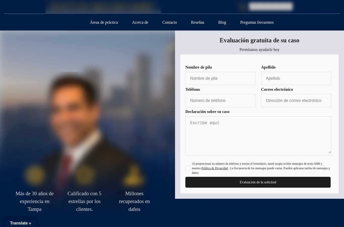 A Google Translate widget, switched to Spanish. It rewrites the page in the visitor's browser, so there is no Spanish URL for search engines, and the submit button becomes “Evaluación de la solicitud” (evaluation of the application).